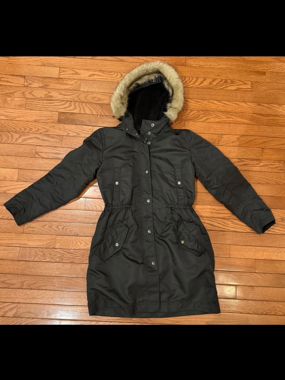 Madewell Black Hooded Puffer Coat with Faux Fur Trim